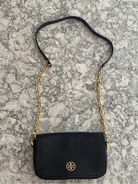 Tory Burch Black Robinson Saffiano Leather Crossbody with Gold Chain Strap